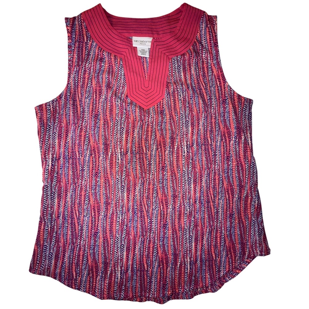 Liz Claiborne Petite Sleeveless Blouse PXS Pink Purple Abstract Print Split Neck